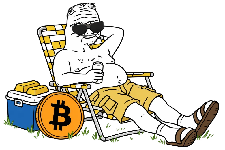 Boomer reclining in a striped lawn chair with a cold drink, Bitcoin and gold beside him, wearing his yellow shorts and socks with sandals