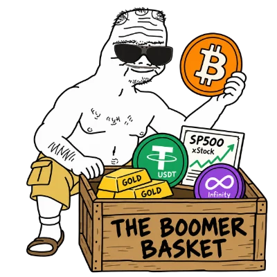 Boomer showing off Bitcoin, USDT, an SP500 xStock certificate, gold bars, and an Infinity coin in his crate