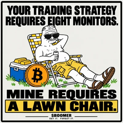 Boomer reclining beside Bitcoin and gold. Your trading strategy requires eight monitors. Mine requires a lawn chair.